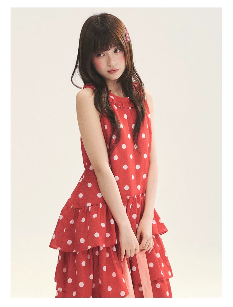 "Polka Dot Layers" Red Polka Dot Tiered A-Line Maxi Cami Dress