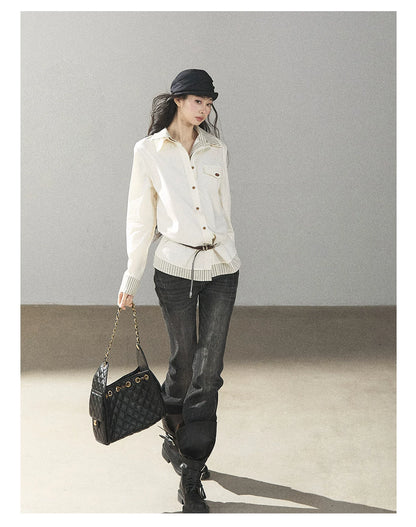AOMALM - Cream White Stripe Belted Shirt Top