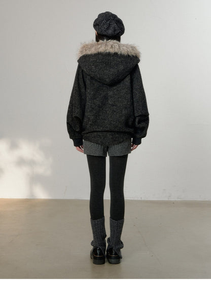Soote Season - Dark Gray Wool Batwing Cape Coat with Faux-Fur Collar