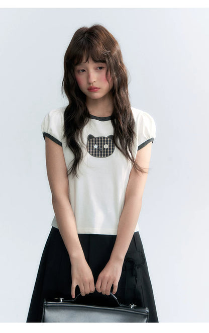 "Hide and Seek" Ivory Cat Patchwork Embroidered Puff Sleeve T-Shirt