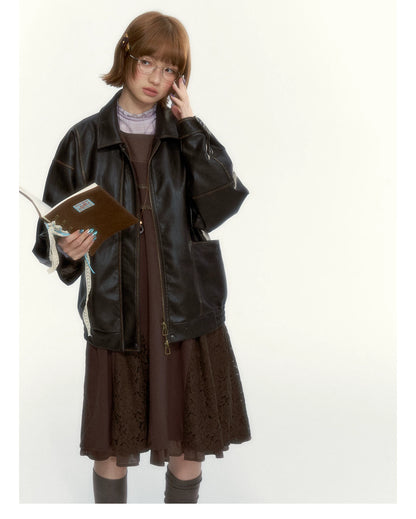 "Caramel Afterglow" Cocoa Brown Lace-Trim A-Line Dress Set with Purple Plaid Layering Top