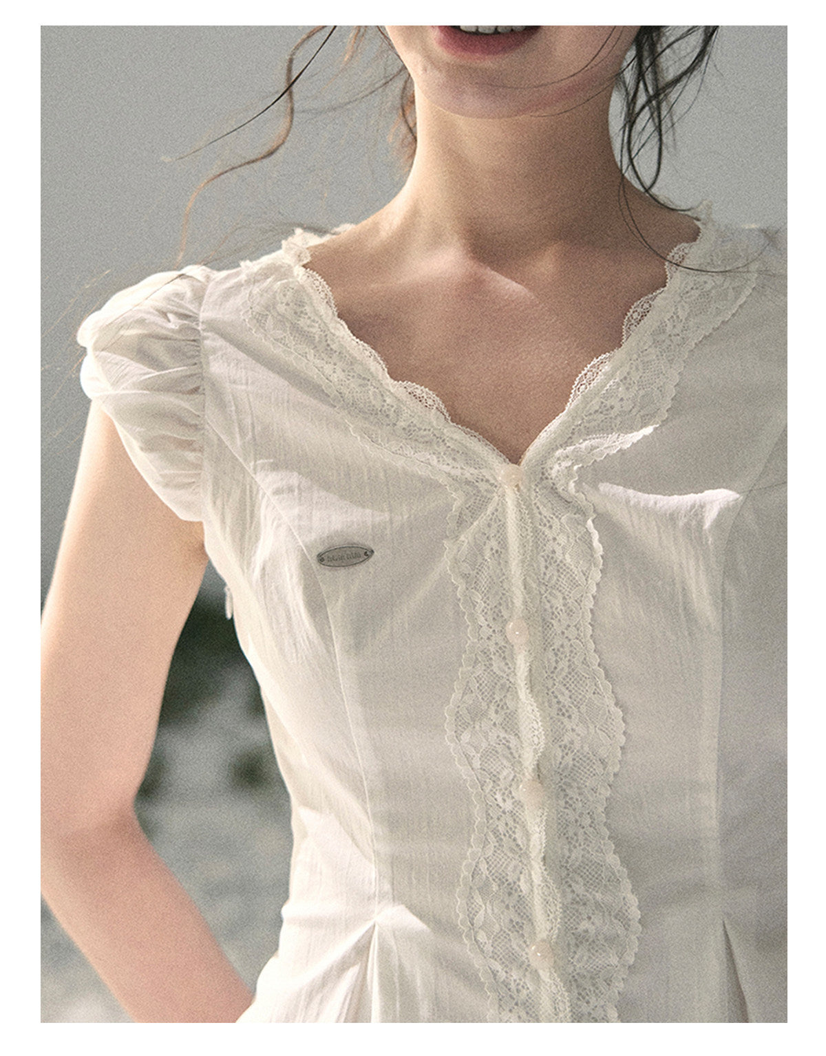 “Untouched Ivory” Pure White Lace Puff Sleeve Blouse