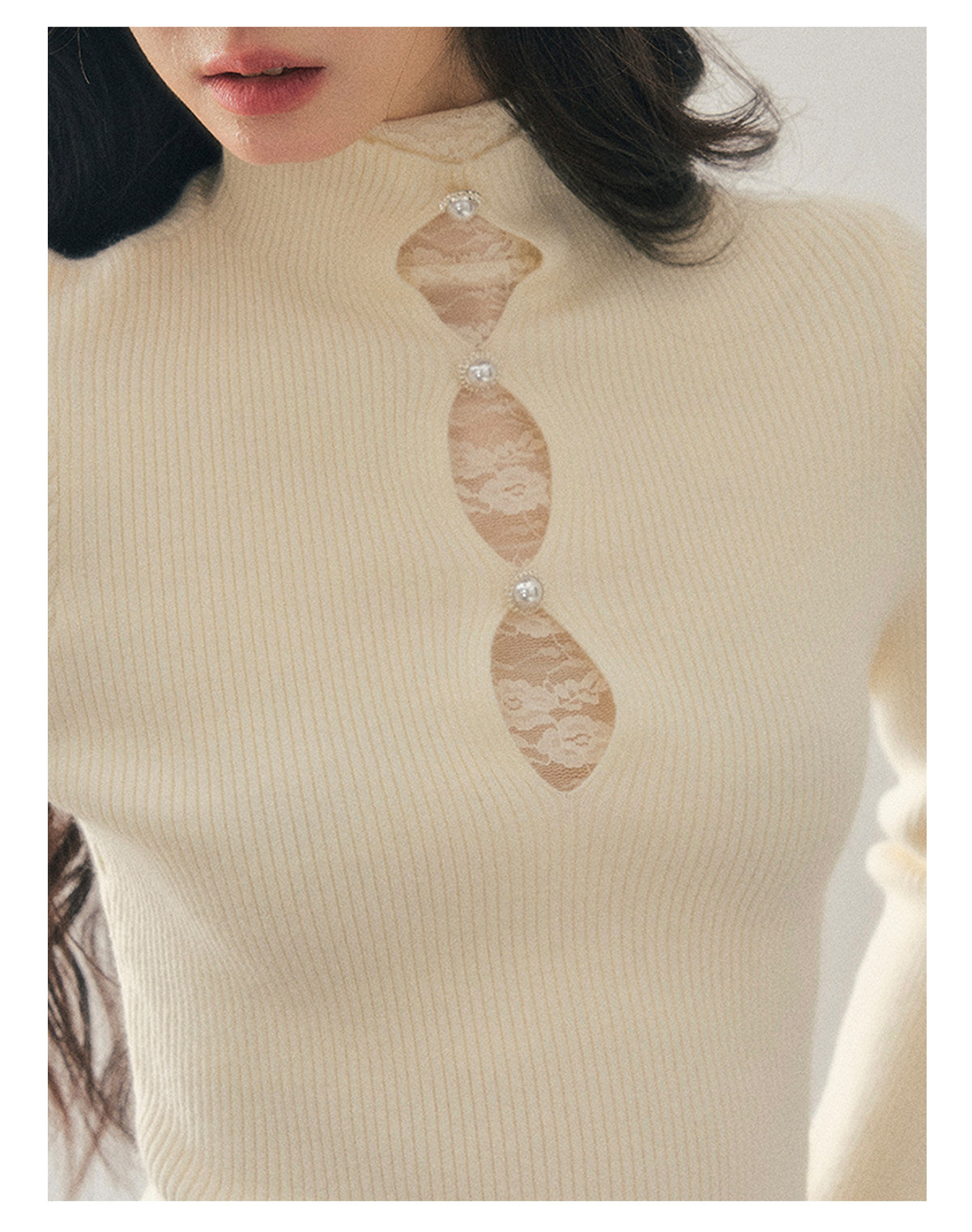 040126 "Lacewoven Dream" Mock Neck Layered Lace Knit Top - Oat Beige