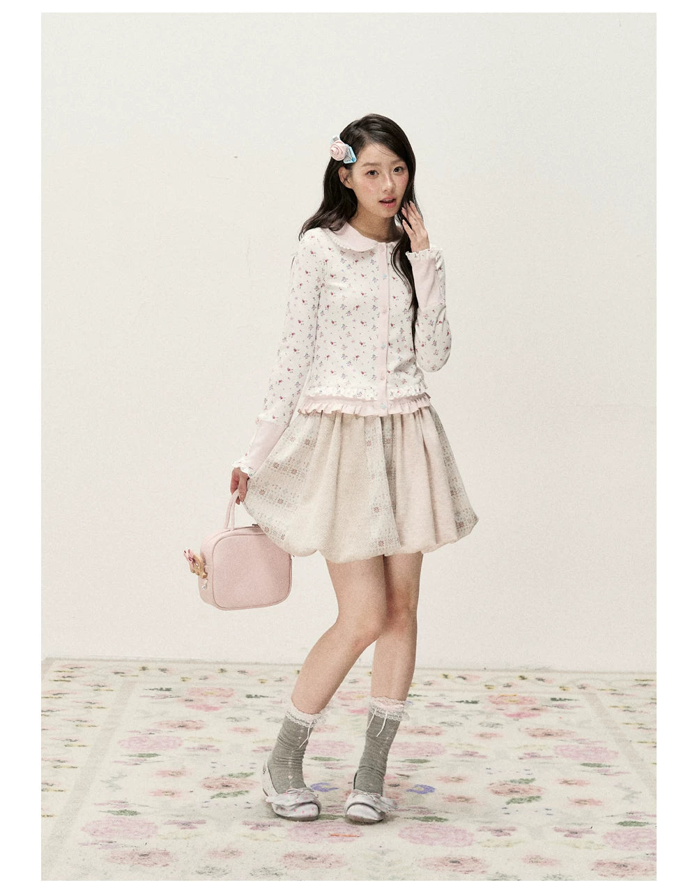 [RF] Vintage Floral Patchwork Knit Bubble Skirt in Blush Pink