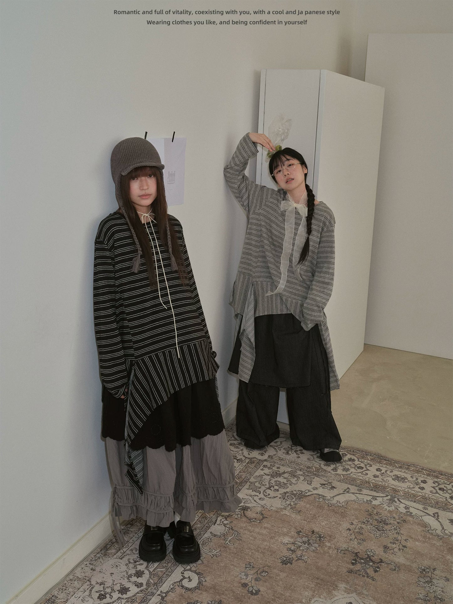 "Vintage Rhythm" Asymmetrical Knit Stripe Long Sleeve T-Shirt (Black / Gray)