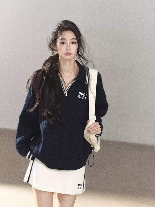 AOMALM - "Navy in Negative Space" Navy Academy-Style Knit Two-Piece Set