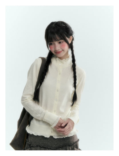 Horridale - Cloud White Ruffle Trim Embroidered Knit Top
