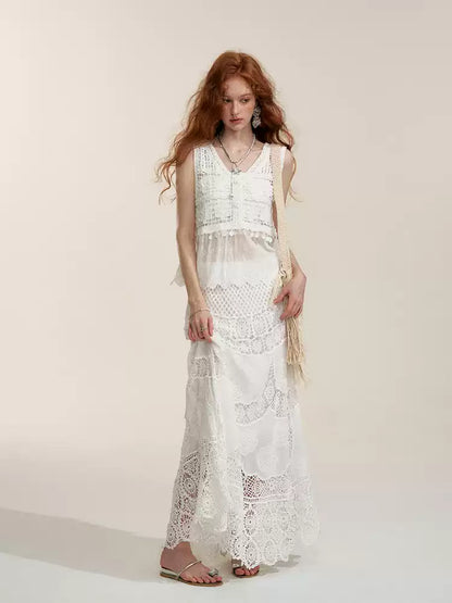 White Floral Embroidery Crochet-Detail Blouse