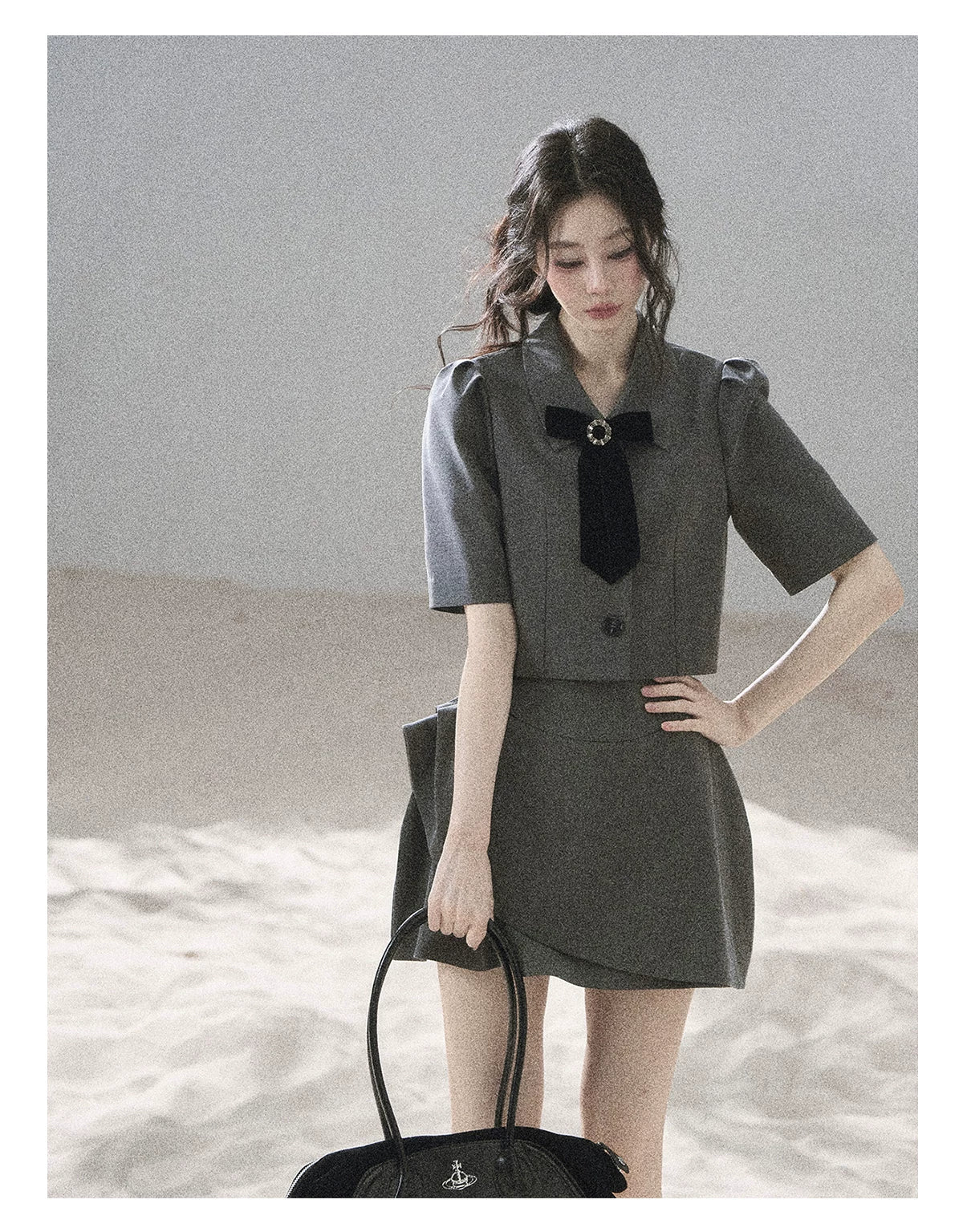 "Paris Afternoon" Slate Gray Bow Top & A-Line Mini Skirt Two-Piece Set