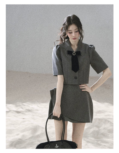 "Paris Afternoon" Slate Gray Bow Top & A-Line Mini Skirt Two-Piece Set