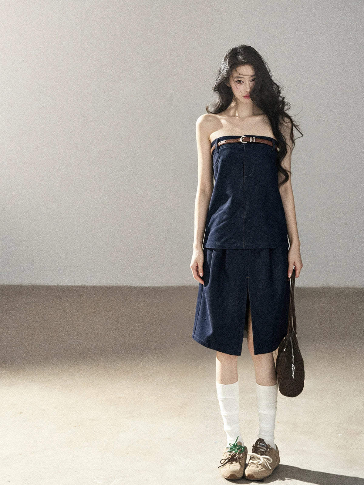 AOMALM - "Bluebell in Suspension" Navy Blue Korean Denim-Inspired 2-Piece Skirt Set