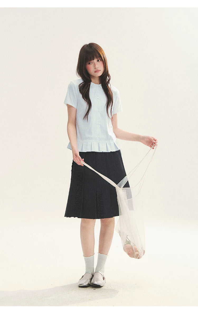 "Citrus Sea Salt" Stripe Lace Peter Pan Collar Pleated Shirt (White Blue / Blue White)
