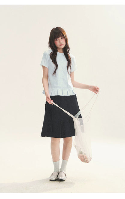"Citrus Sea Salt" Stripe Lace Peter Pan Collar Pleated Shirt (White Blue / Blue White)