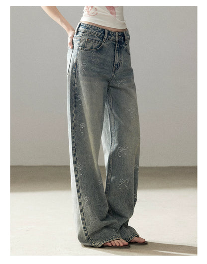 "Passing By the Sea" Vintage Blue Rhinestone Bow Wide-Leg Jeans