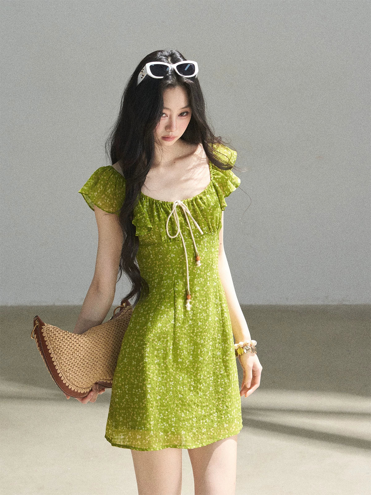 "Emerald Breeze" Primrose Green Floral Chiffon Mini Dress