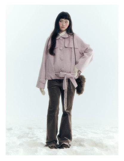 Horridale - Milk Tea Brown Floral Belt Corduroy Flare Pants