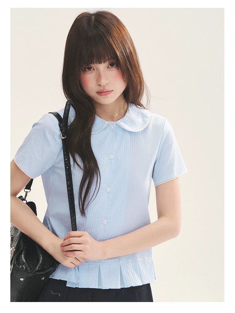 "Citrus Sea Salt" Stripe Lace Peter Pan Collar Pleated Shirt (White Blue / Blue White)