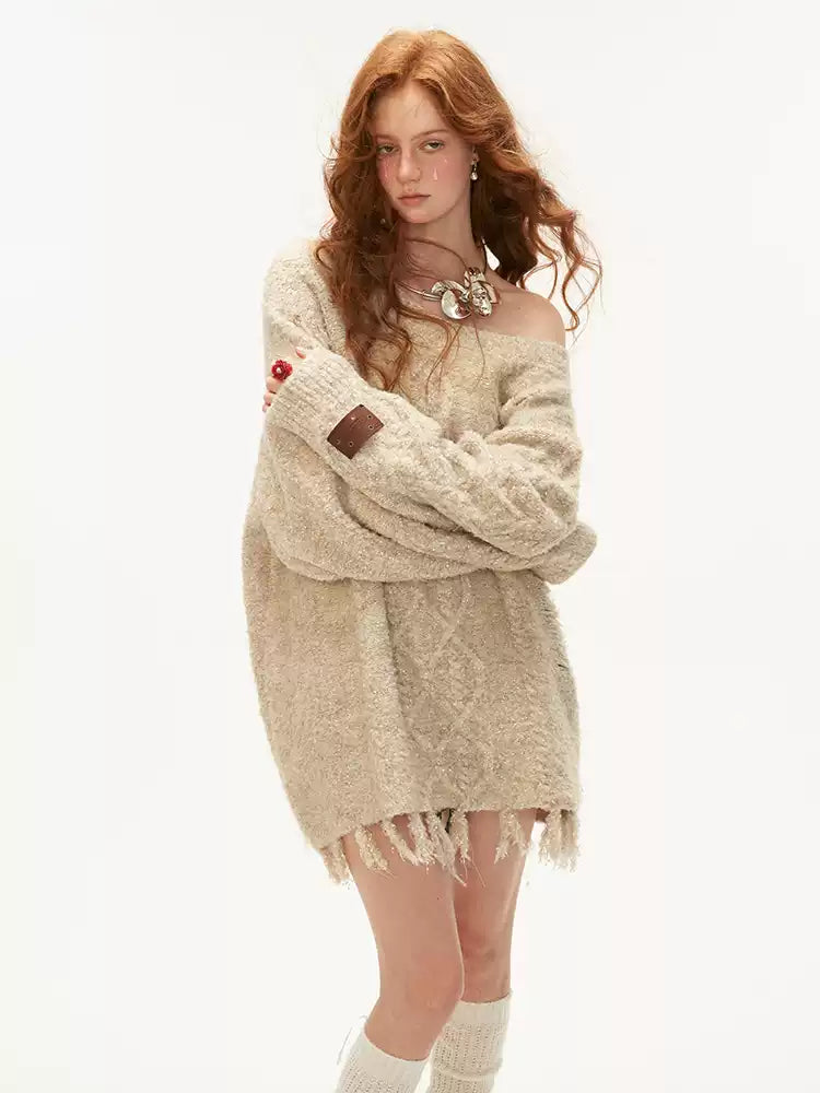 MAMC - Oatmeal Off-Shoulder Fringe Sweater (With Belt) WE430