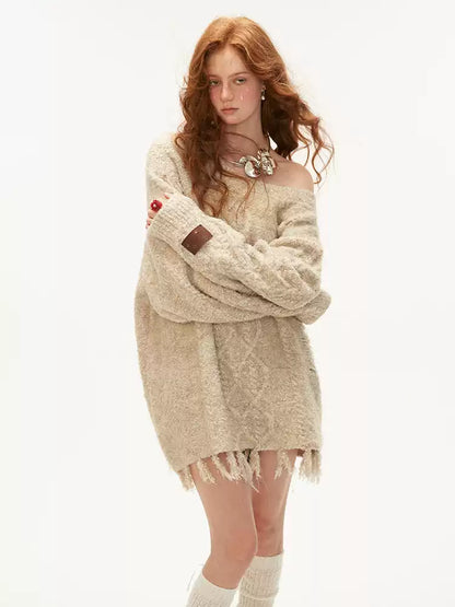 MAMC - Oatmeal Off-Shoulder Fringe Sweater (With Belt) WE430