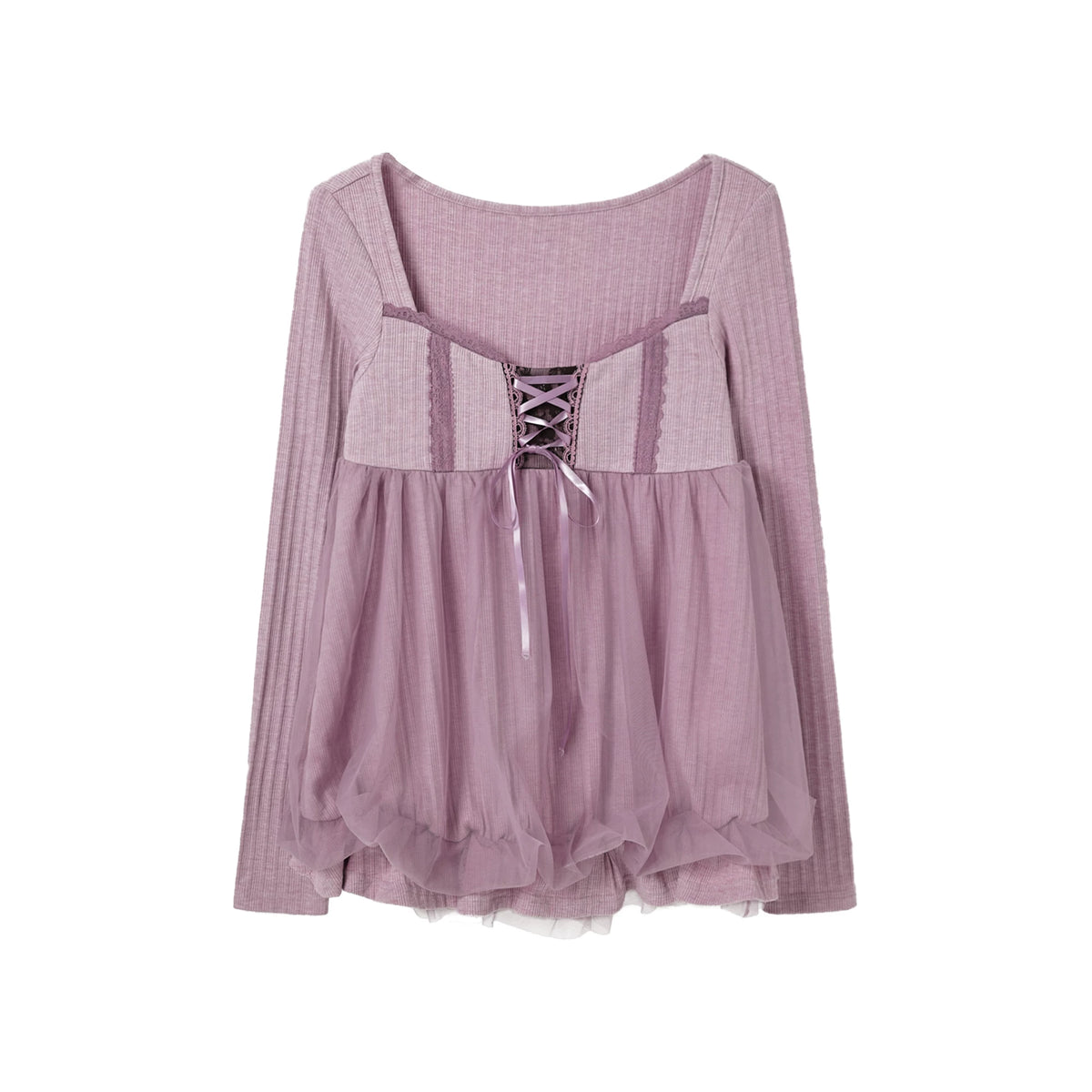 KYOUKO - Lavender Striped Cardigan, Mesh Top, Lace Cami & Ribbon Skirt Set