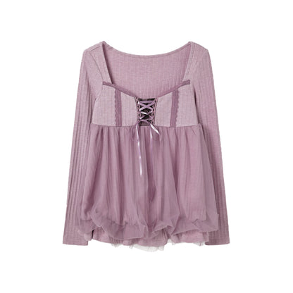 KYOUKO - Lavender Striped Cardigan, Mesh Top, Lace Cami & Ribbon Skirt Set
