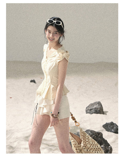 “Untouched Ivory” Milkshake Yellow Lace Puff Sleeve Blouse