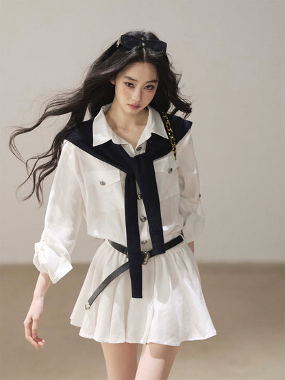 AOMALM - "Moonlight Sinks into the Sea" High-Intellect Utility Shirt Dress (Plain White / Navy Blue, with Belt & Optional Shawl)
