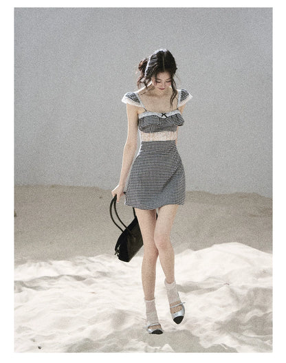 "Her in the Old Film" French Lace Plaid A-Line Mini Dress