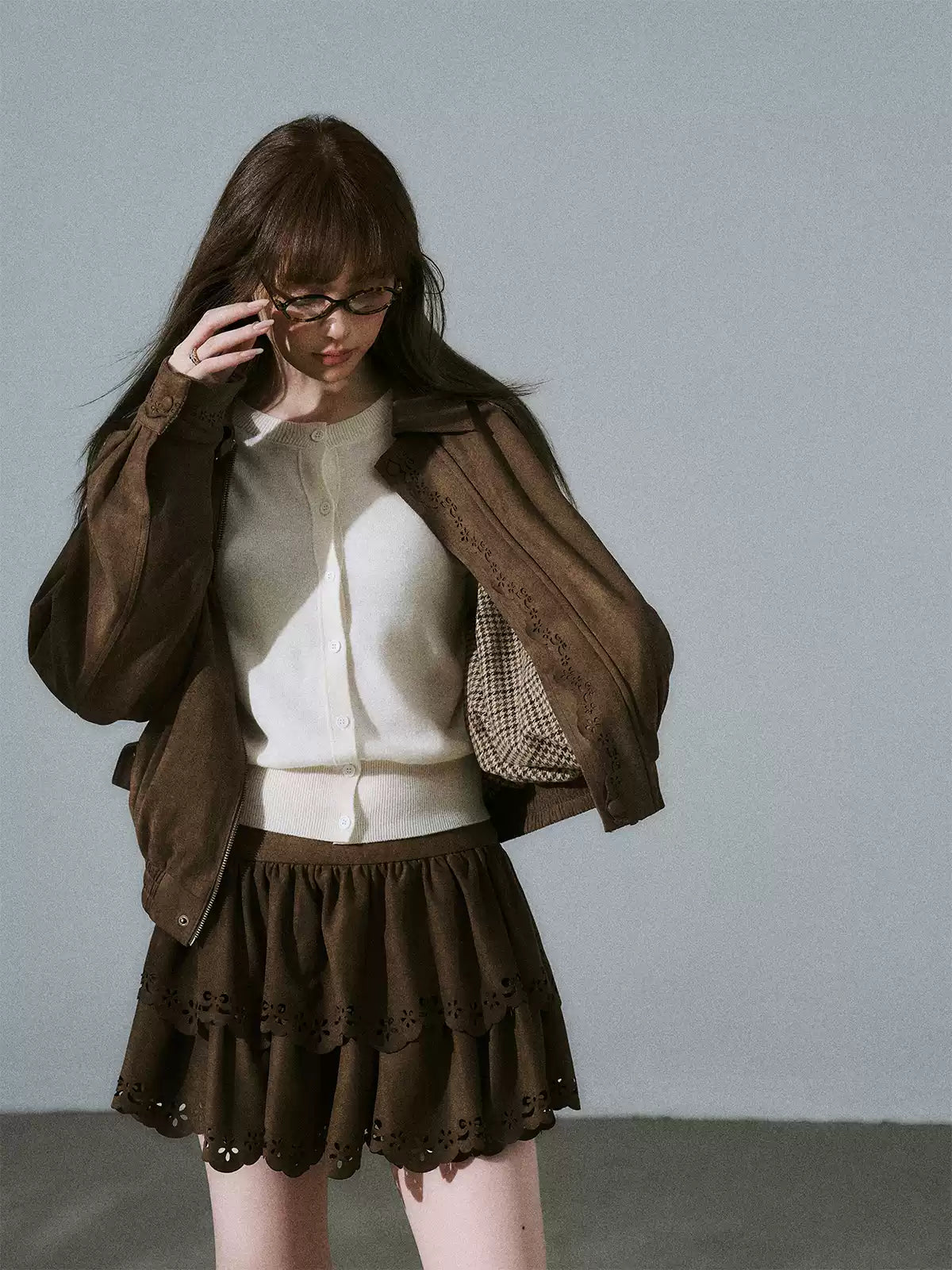 LOST FOREST - Vintage Brown Suede-Style Jacket & Skirt Set