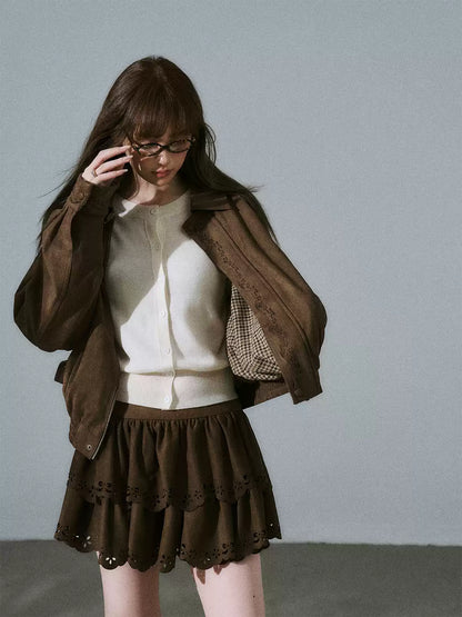 LOST FOREST - Vintage Brown Suede-Style Jacket & Skirt Set