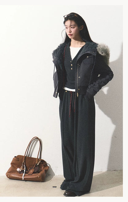 OAKMOO/ "Energy & Freedom" Mocha Gray Fur-Collar Cropped Hoodie Jacket