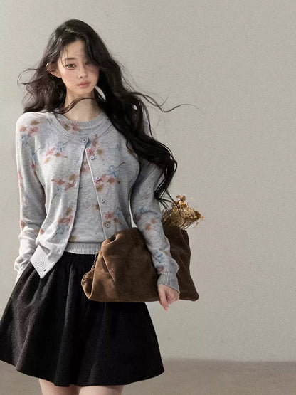 AOMALM - Cloud Gray Floral Wool-Blend Cardigan and Vest Set