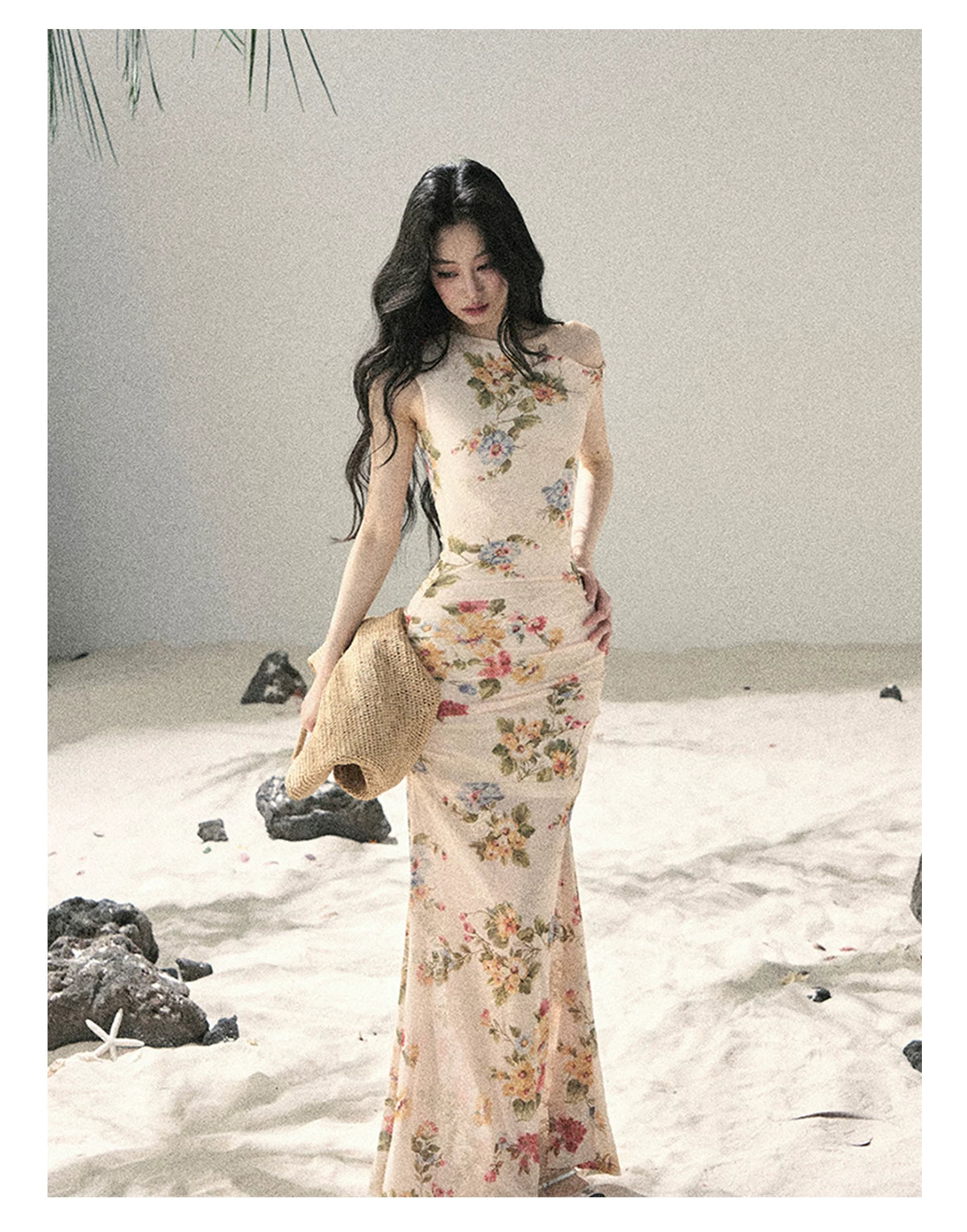 "Waiting for Blossoms" Dutch Cream Floral Mermaid Maxi Dress 43236