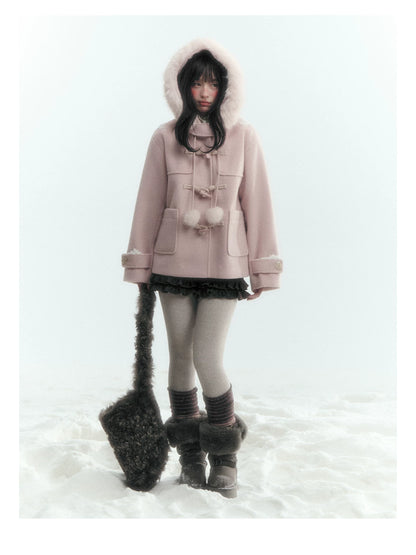 Horridale - Preppy Hooded Wool-Blend Duffle Coat with Pom-Pom Details – Mist Pink