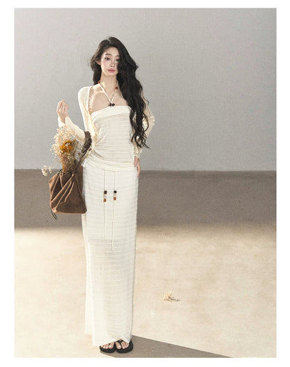 AOMALM - Creamy Ivory Convertible Knit Tube Top & Maxi Skirt Set