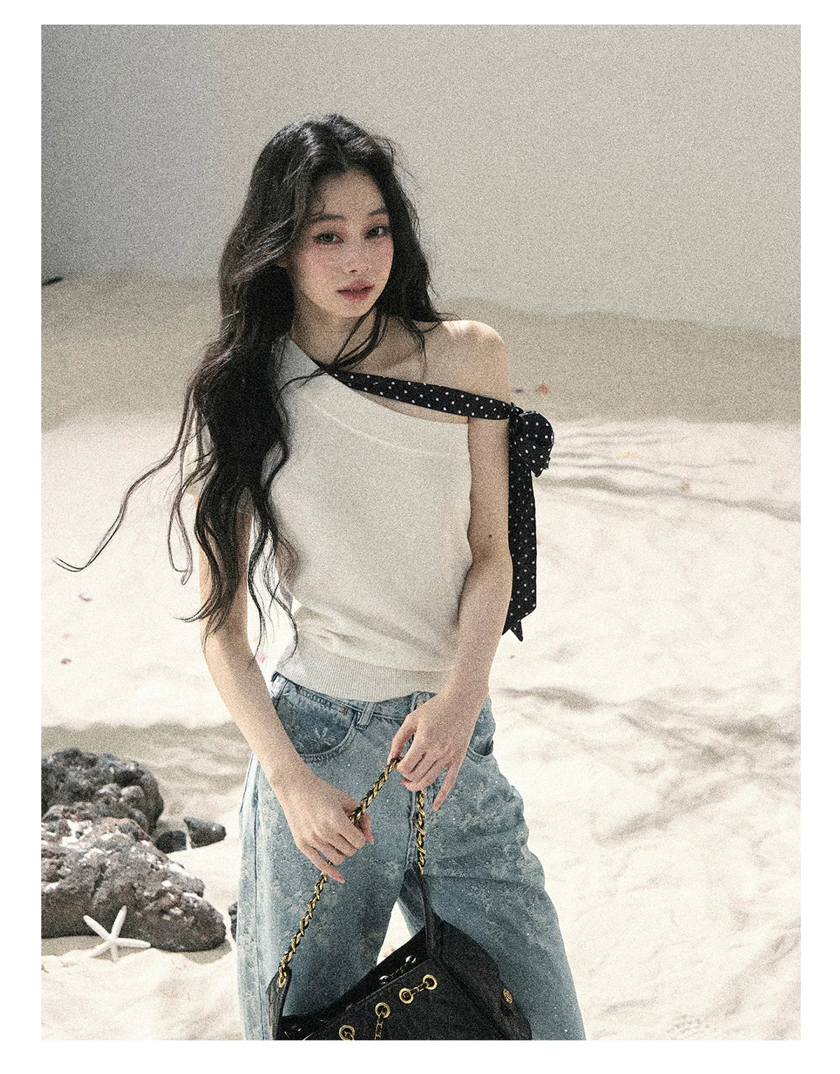 "Morning Dew & Evening Breeze" Cheese White One-Shoulder Polka Dot Crop Top