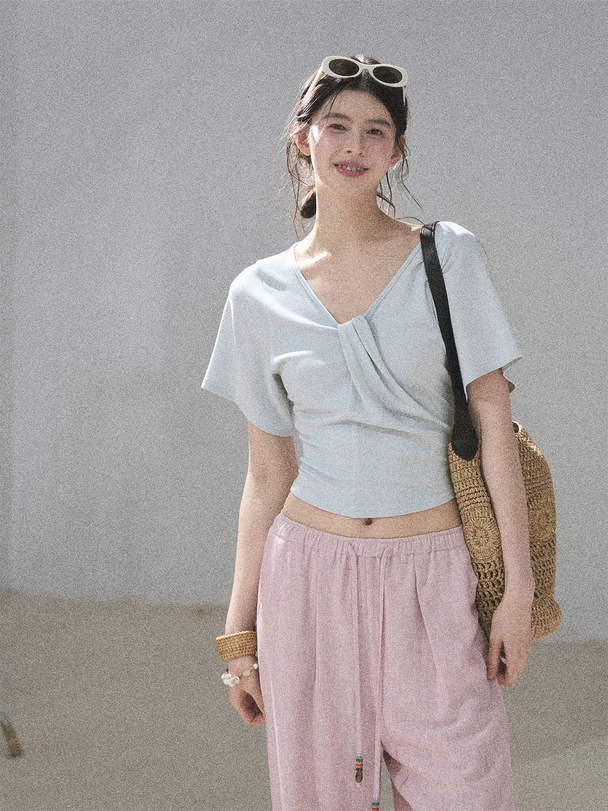 "Moonlight on Water" Twist-Front Cropped T-Shirt (Silver Mink Gray/ Mist Blue)