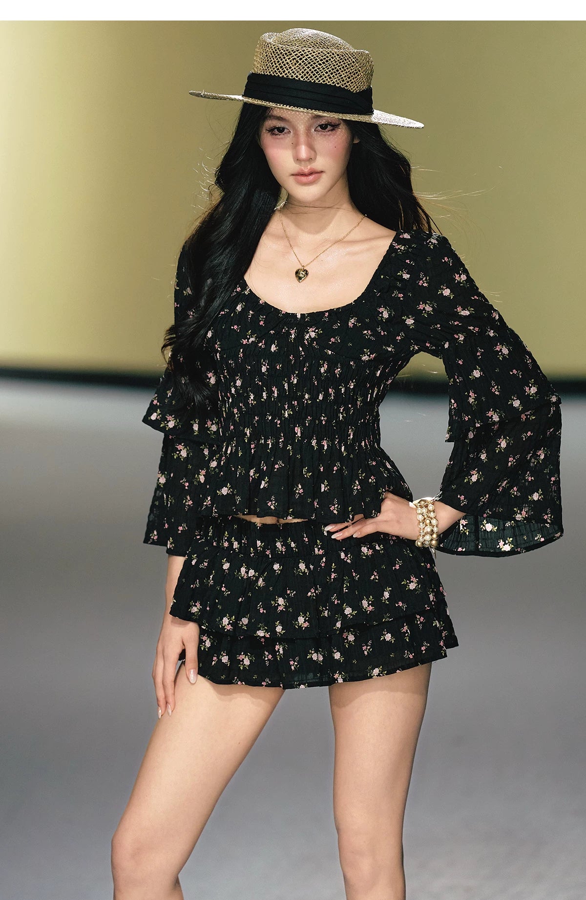 "Midnight Tea Garden" Black Floral Ruffle Blouse & Tiered Mini Skirt Set