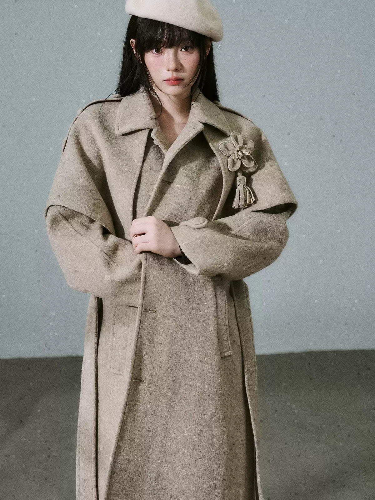 LOST FOREST - Milk Tea Wool-Blend Coat with Detachable Cape & Fringe Flowers