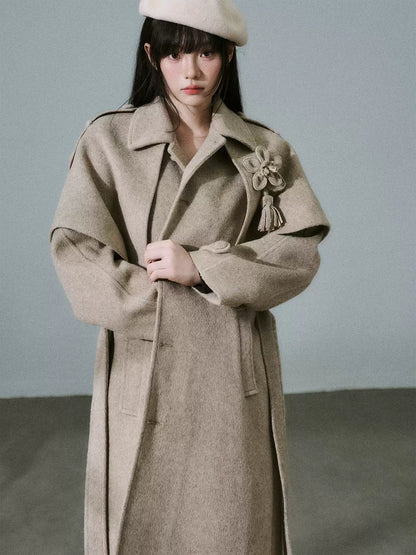 LOST FOREST - Milk Tea Wool-Blend Coat with Detachable Cape & Fringe Flowers