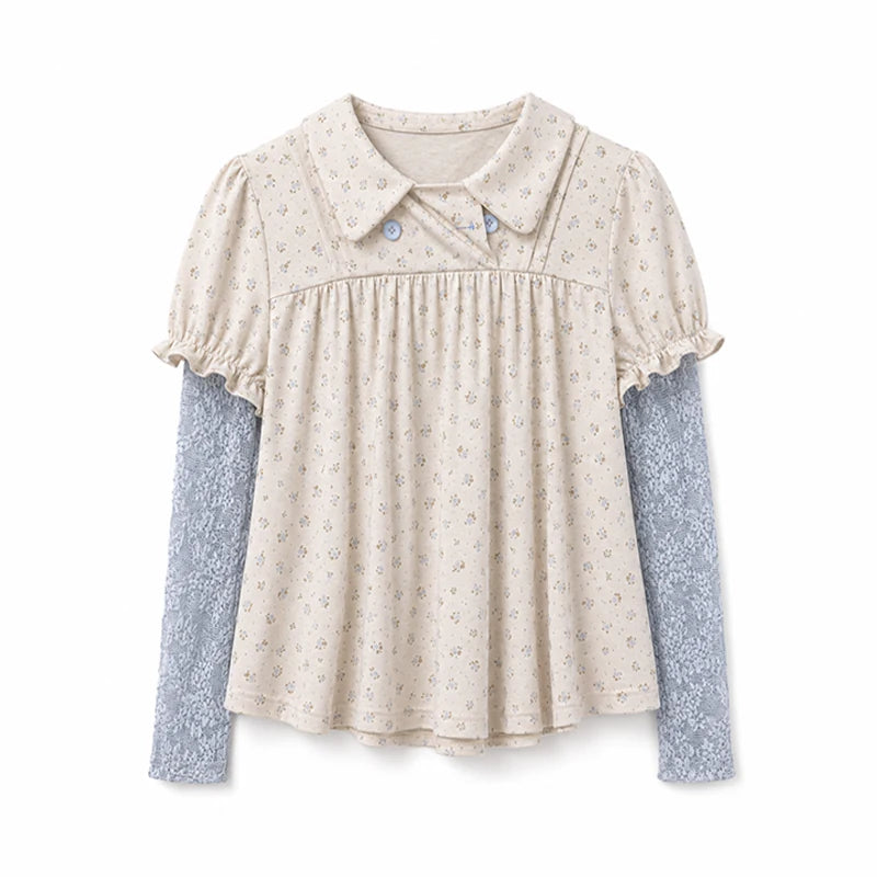 DAILY ARTIST - “Blue Letters of Memory” Gray Blue Floral Faux-Layer Lace Knit Top