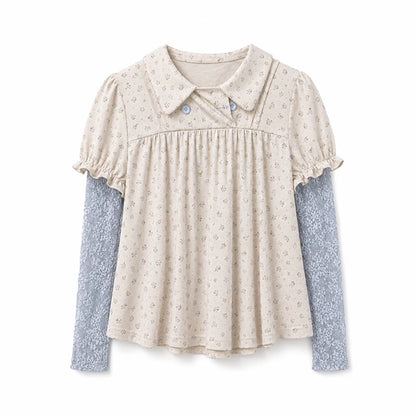 DAILY ARTIST - “Blue Letters of Memory” Gray Blue Floral Faux-Layer Lace Knit Top