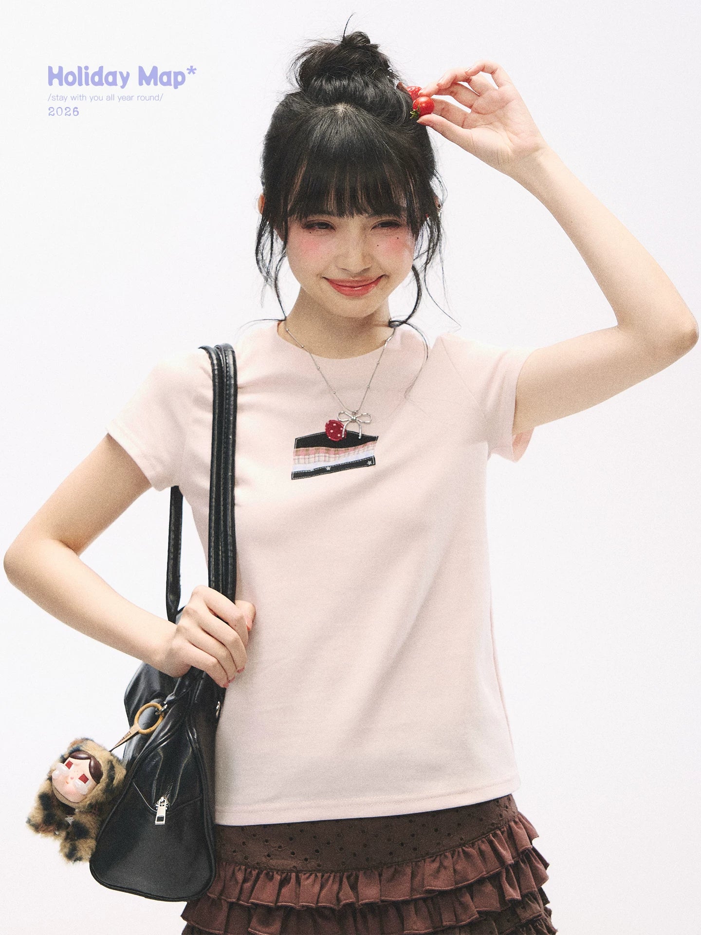 "Strawberry Shortcake Mood" Peach Pink Patchwork Cake Graphic Cotton Tee