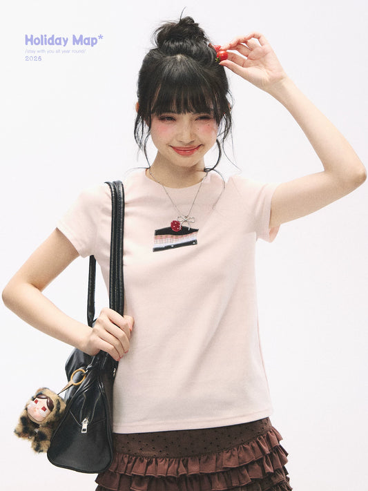 "Strawberry Shortcake Mood" Peach Pink Patchwork Cake Graphic Cotton Tee