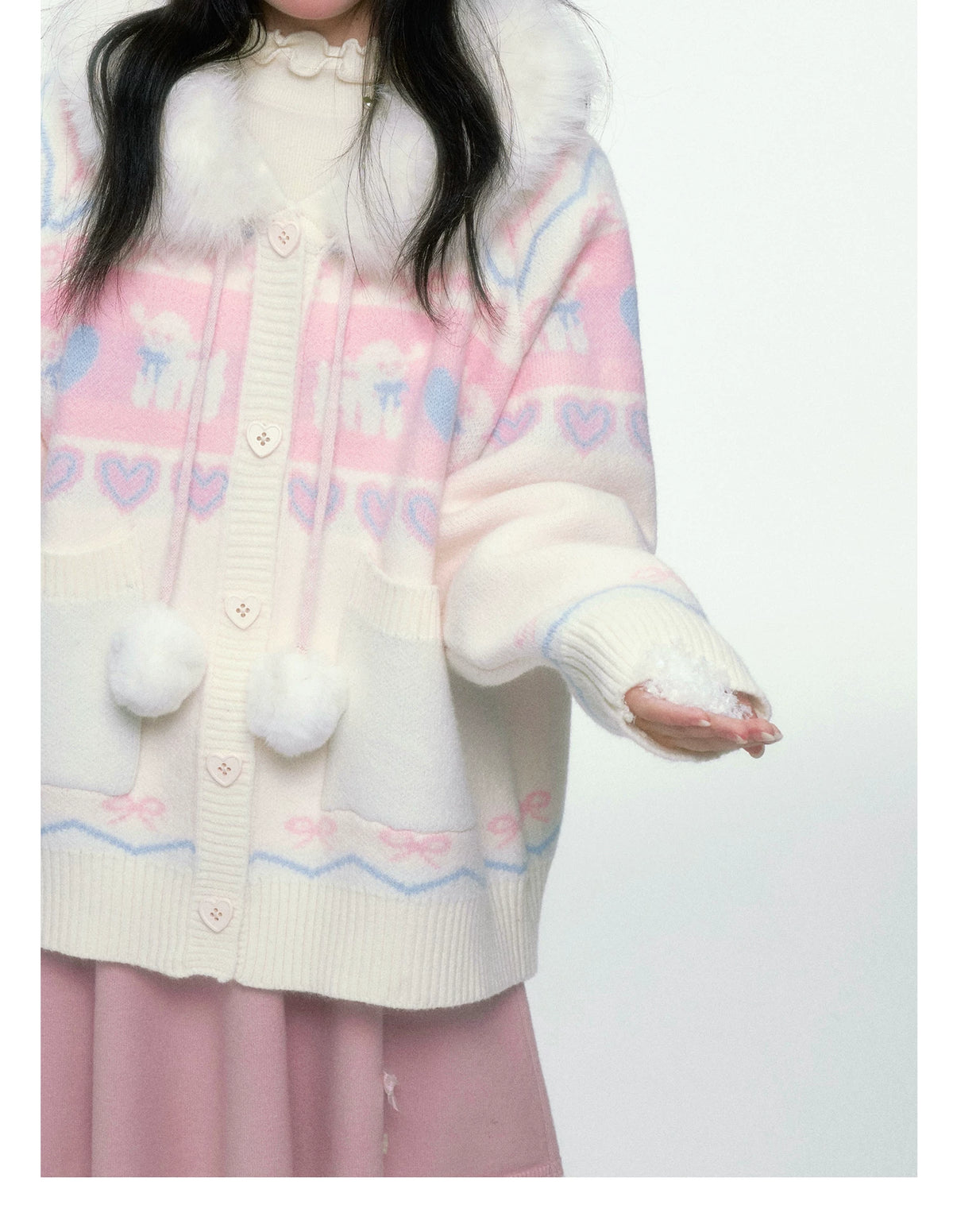 BIBIBENCY - Pink and White Hooded Knit Cardigan with Faux Fur Trim