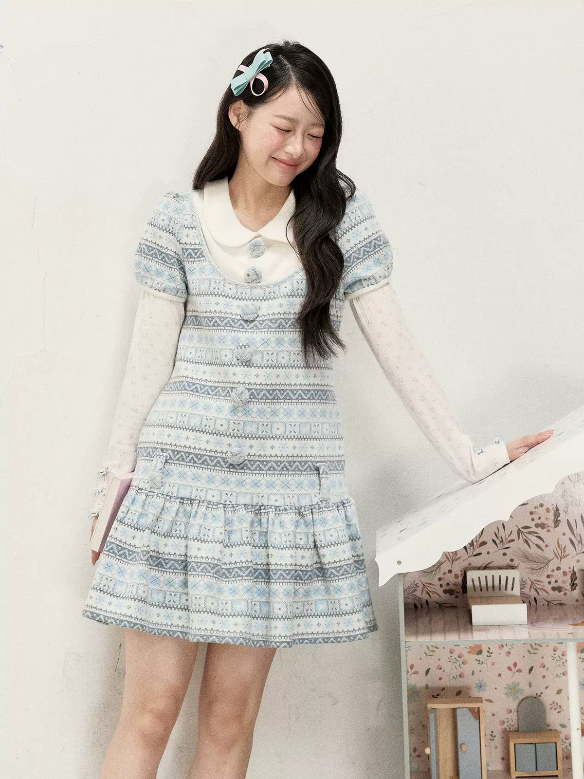 [RF] Vintage Geometric Jacquard Peter Pan Collar Knit Dress with Ruffle Hem