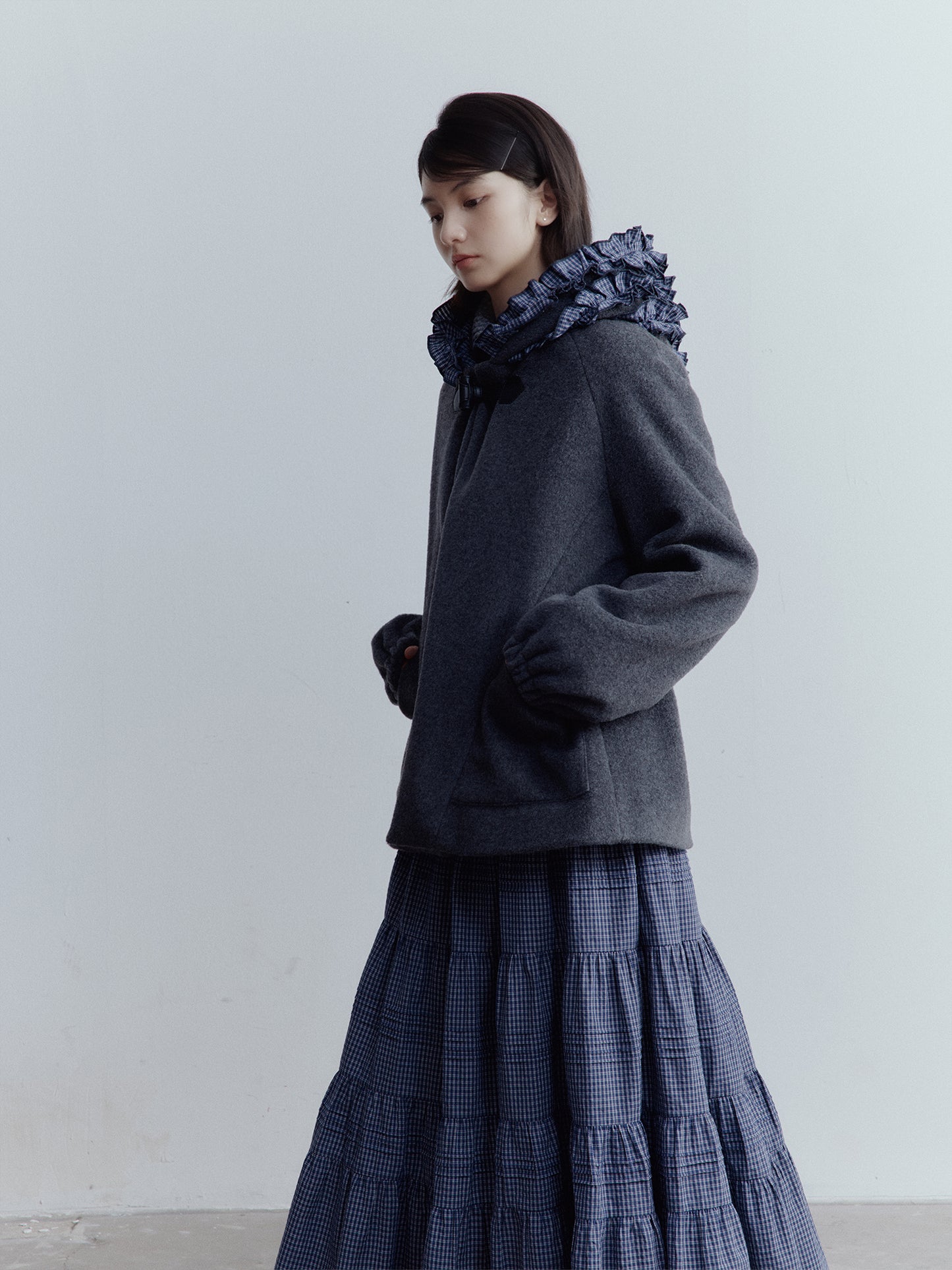 FUSSED Strange Circus Wool Hooded Ruffle-Trim Coat in Deep Heather Grey FOF-25SS137