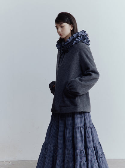 FUSSED Strange Circus Wool Hooded Ruffle-Trim Coat in Deep Heather Grey FOF-25SS137