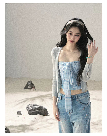 "Blue Danube Reverie" Mist Blue Bow Bandeau Crop Top & Cardigan Set 54638463