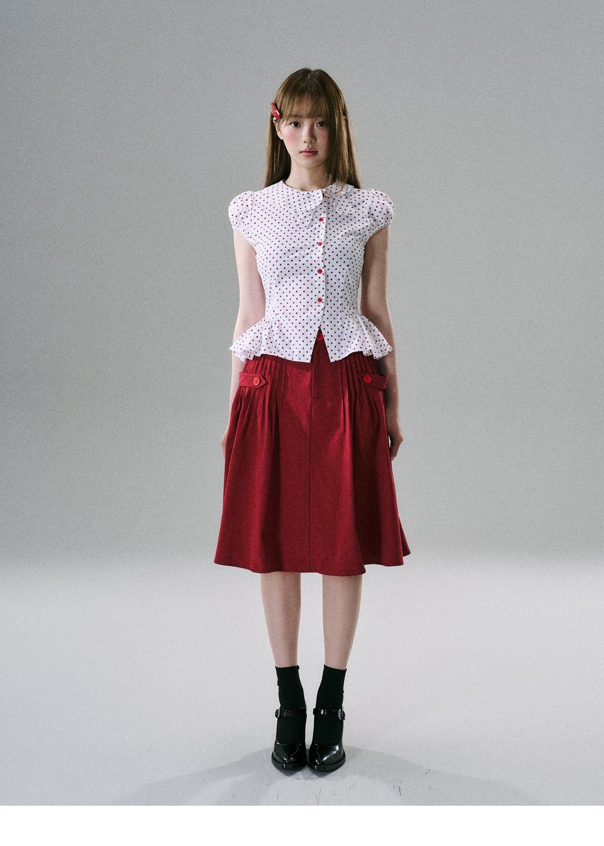 LOST FOREST - Pleated Cotton Utility Skirt (Red / Black)
